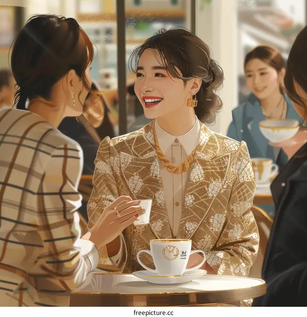 Three young women are sitting in a cafe and talking happily