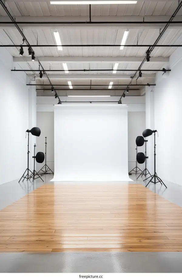 Professional Empty Photography Studio with White Walls and Wooden Floor