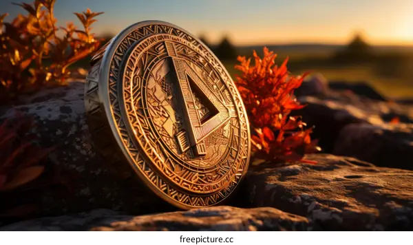 An illustration of a gold coin with a triangle in the center and some red flowers in the background
