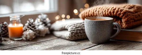 Cozy Winter Scene with Tea and Knitted Blanket