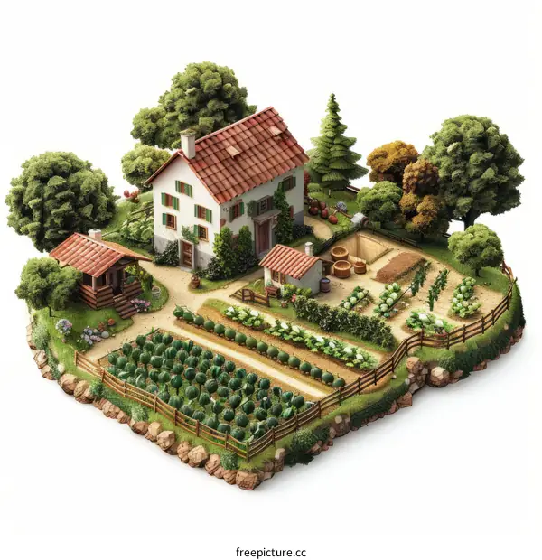 isometric illustration of a rural farm with a house, barn, garden, and trees