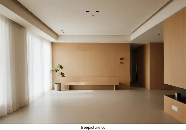 Modern and minimalist interior space with light-colored walls and large windows