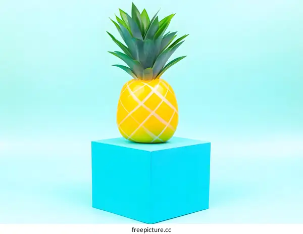 Yellow Pineapple on Blue Cube Minimalist Photography