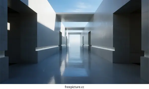 Minimalist White Corridor with Bright Light and Geometric Design
