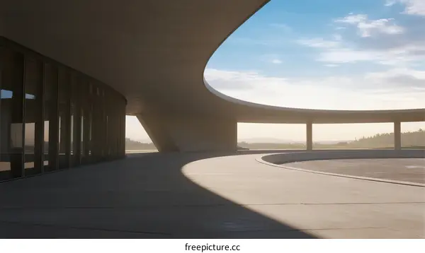 Modern Architectural Structure with Curved Concrete Roof and Glass Walls