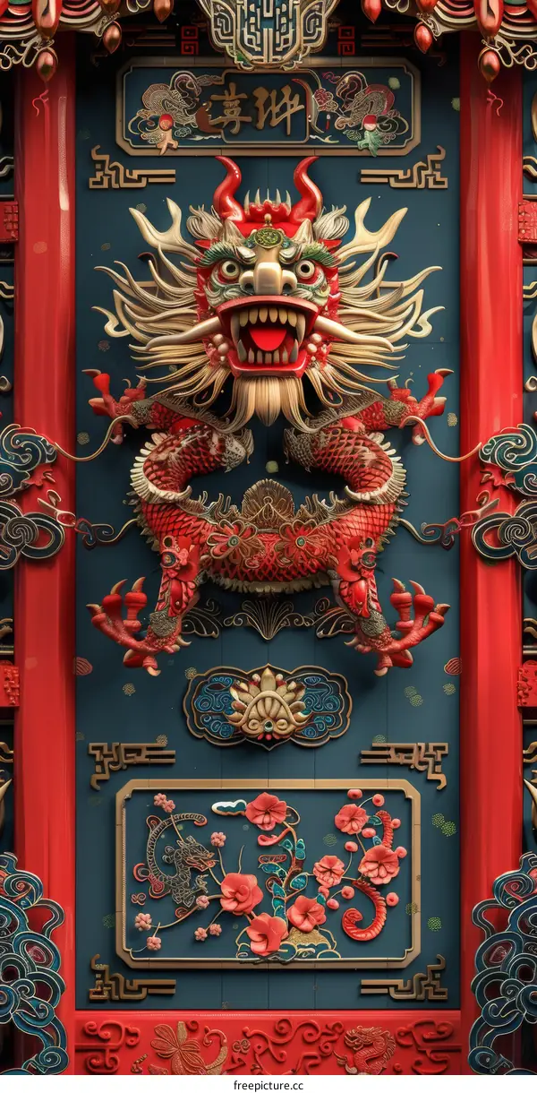 Ornate Chinese Dragon Door: 3D Rendering