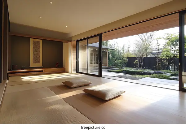 Modern Japanese Home With Tatami Mat Flooring and Garden View