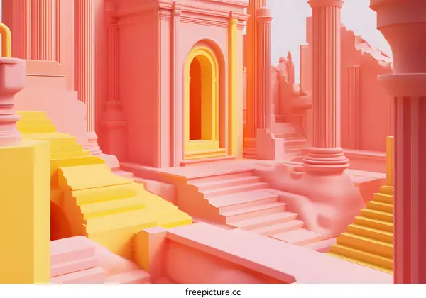 Abstract Minimalist Pink and Yellow 3D Architecture Rendering