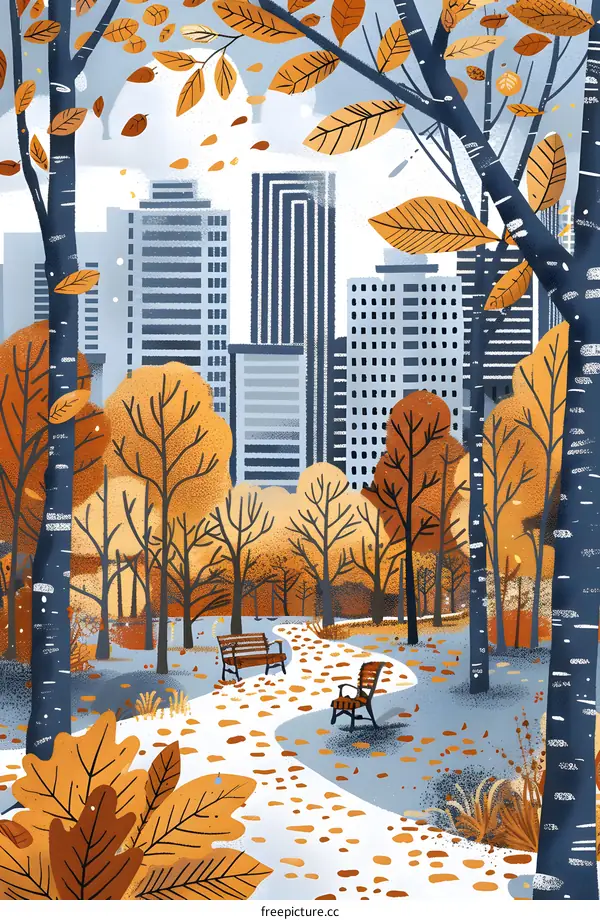 Autumn Park With City Skyline Illustration
