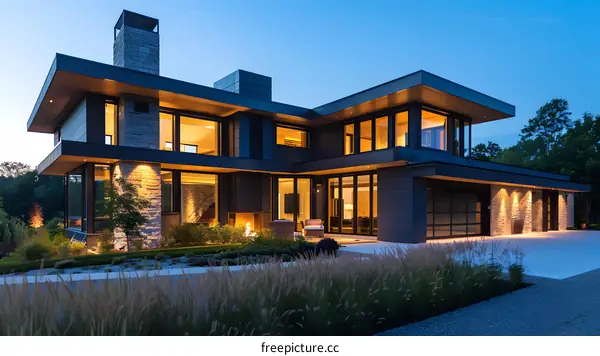 Modern House with Stone Facade and Large Windows