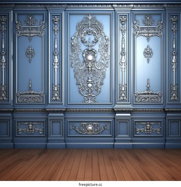 Blue and silver wall paneling with silver decorative elements