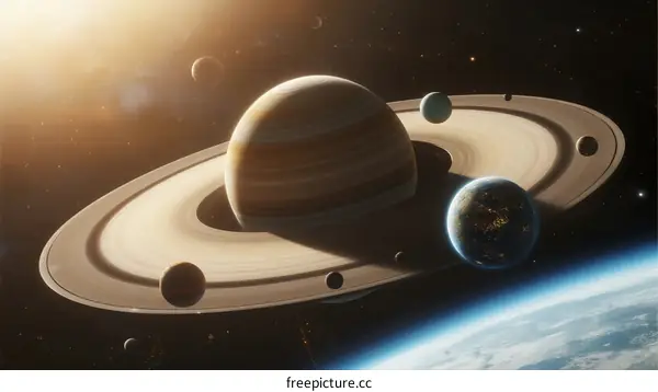Saturn with Rings and Moons in Cosmic Space