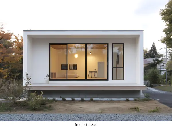 Modern Minimalist White House with Large Windows and Wooden Deck