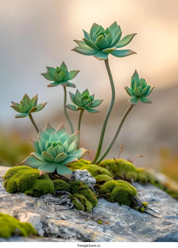 Close Up of Succulents on Moss Covered Rock