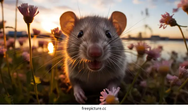 Close-up of a rat in a field of flowers