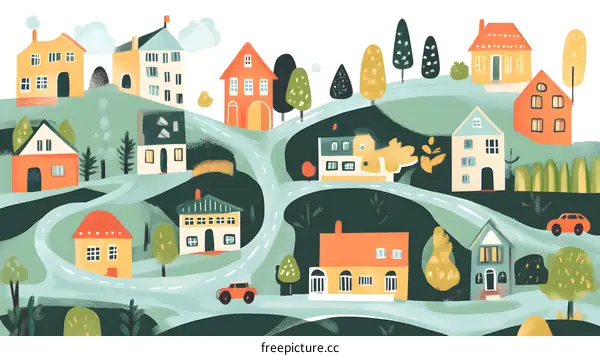 Colorful Illustration of a Small Town with Houses and Trees