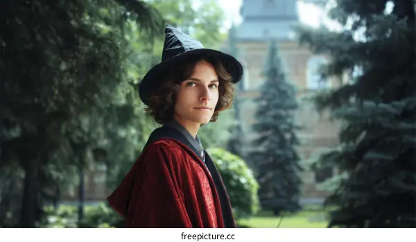 Young Person in Wizarding Costume Outdoors