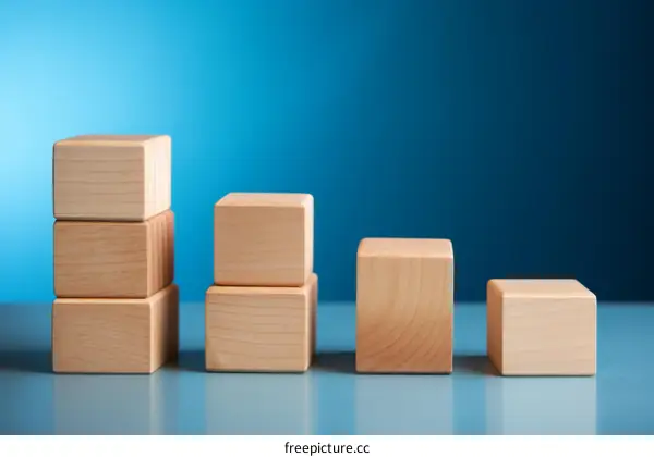 Wooden blocks of different heights on a blue background