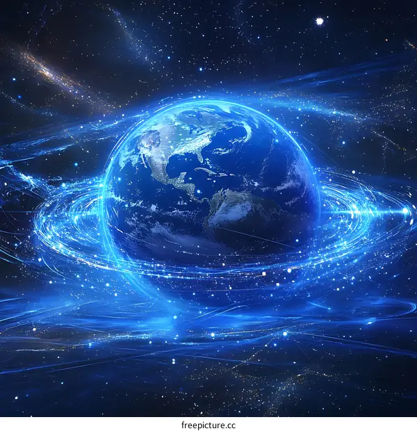 Earth in the vast universe with light trails