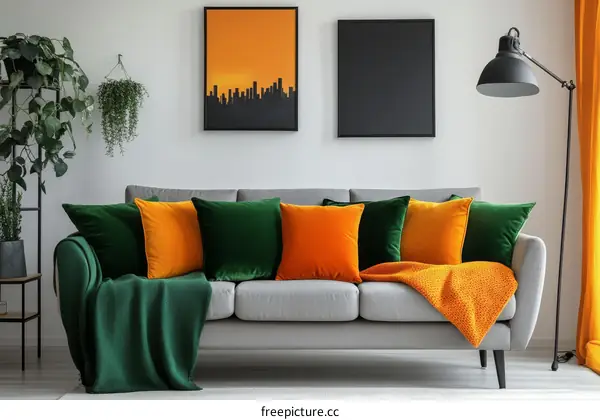 Modern Living Room with Colorful Cushions and Artwork