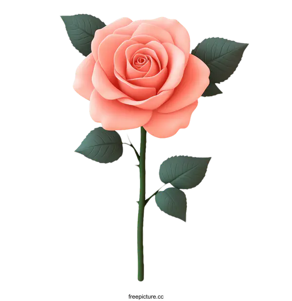 [Transparent Background PNG]3D Pink Rose with Stem and Leaves