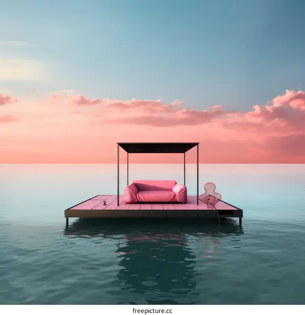 Pink couch on a floating platform in the middle of the ocean