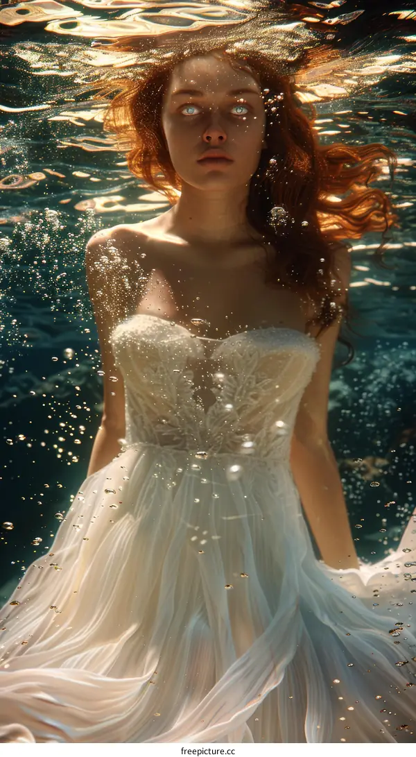 A red-haired, blue-eyed woman in a white dress swims underwater.