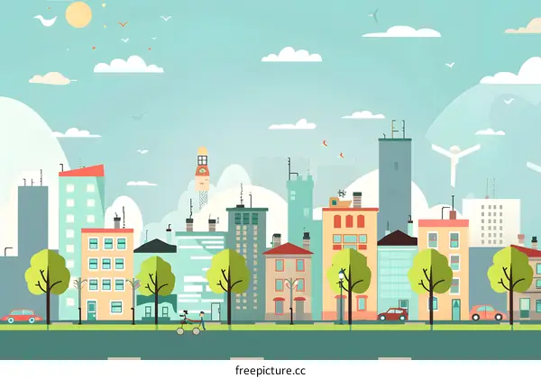 Colorful City Skyline Illustration with People, Trees and Cars