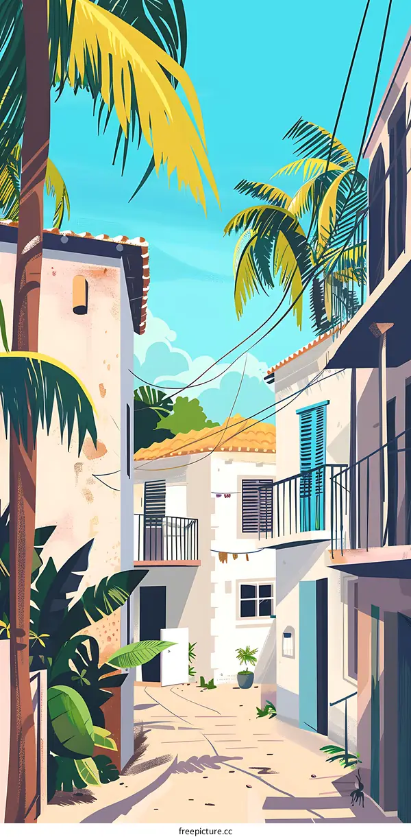 Palm Trees and White Buildings in a Narrow Alley