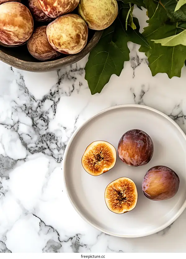 Fresh Figs and Plums on Marble Background