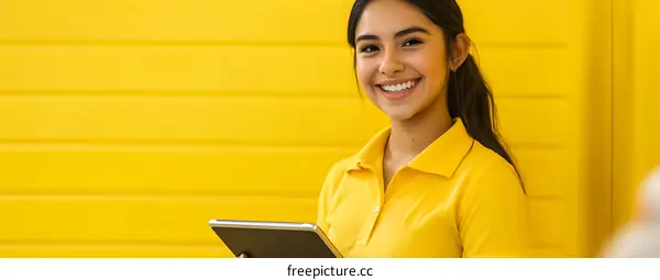 Smiling Woman Holding Tablet Against Yellow Wall