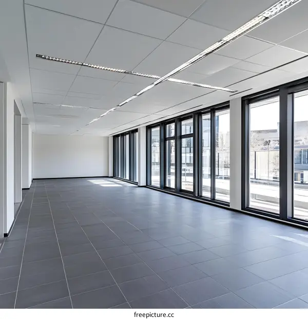 Empty Office Space With Large Windows And Tiled Floor