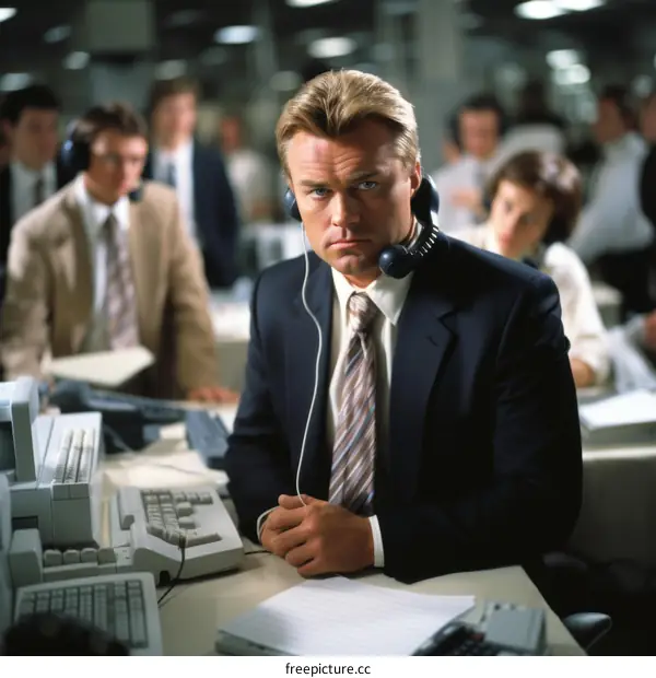 Confident stock trader in busy office