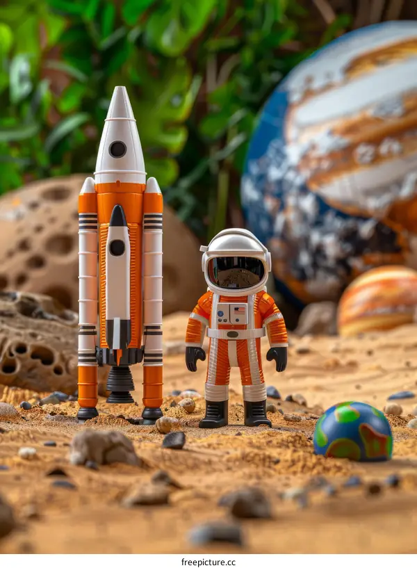 Astronaut on Mars with a rocket