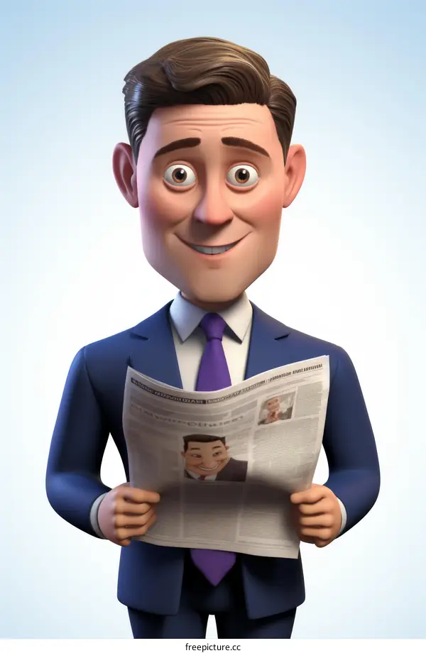 Cartoon businessman reading a newspaper
