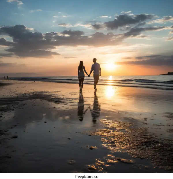 Couple walking on the beach at sunset