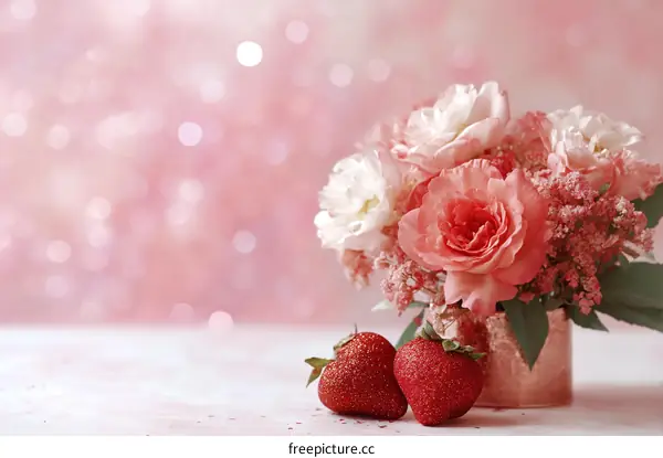 Romantic Pink Rose Bouquet with Strawberries