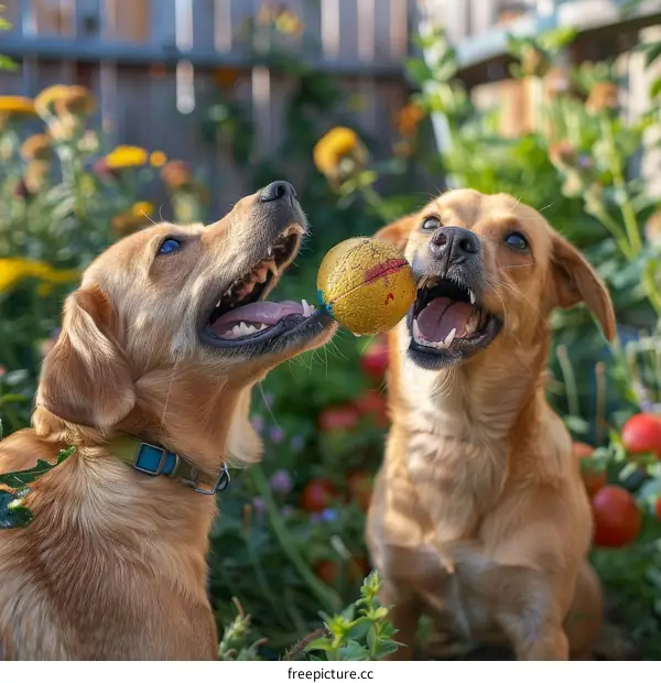 Two dogs playing with a ball in the garden
