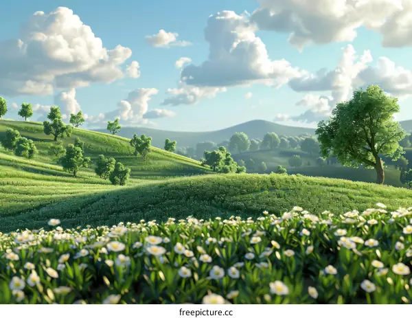 Rolling Green Hills with White Wildflowers
