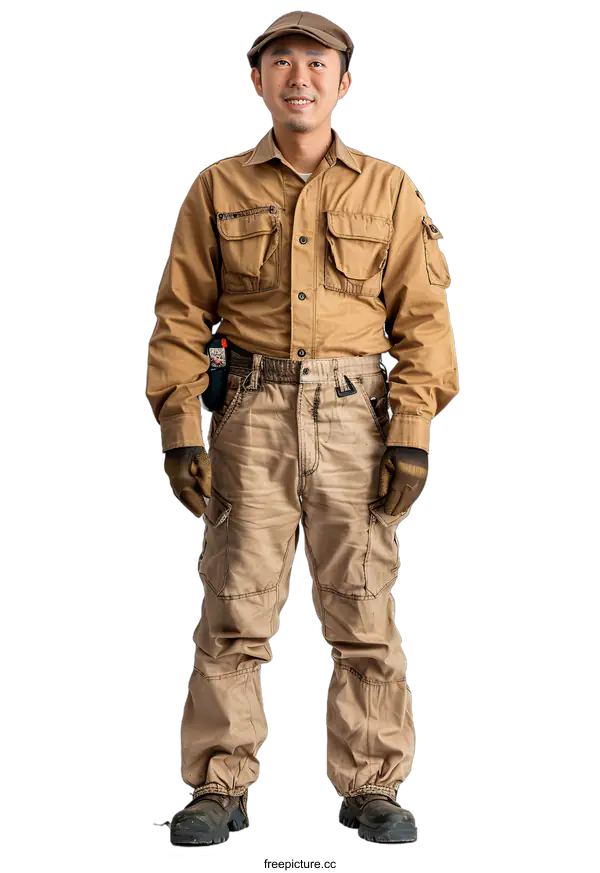 [Transparent Background PNG]Portrait of a Japanese worker wearing a brown work uniform