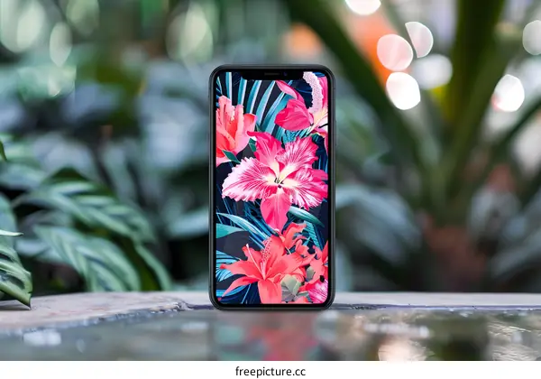 Black Smartphone with Flower Pattern Wallpaper on a Table