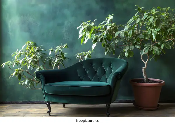 Green Velvet Armchair with Plants Against Green Wall