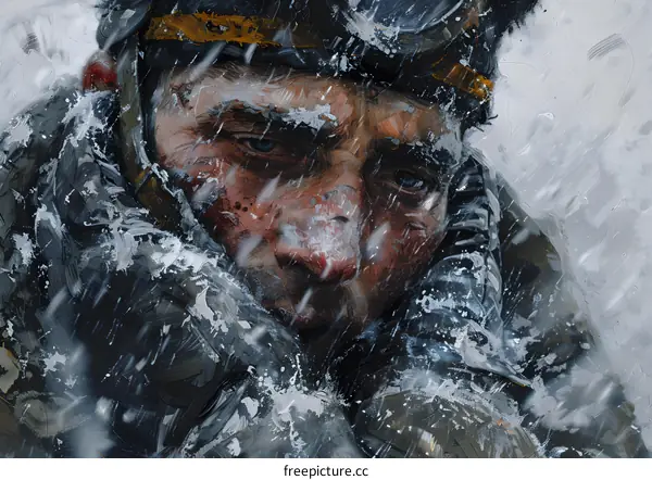 A U.S. soldier struggles through a blizzard during World War II