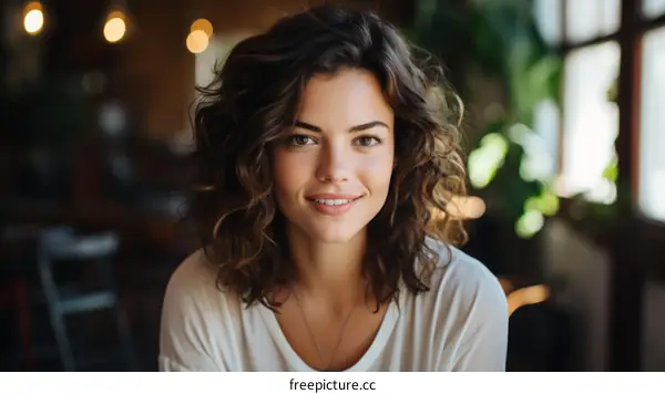 Portrait of a young woman with brown hair and green eyes smiling