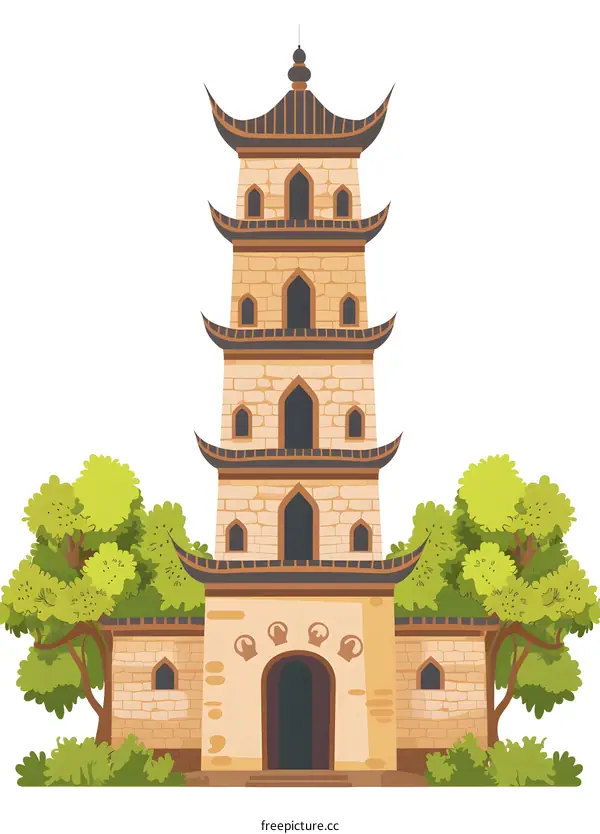 Traditional Chinese Pagoda Illustration with Trees