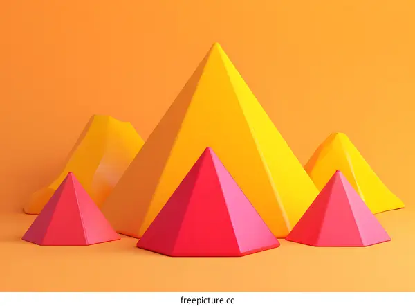 Abstract Minimalist 3D Yellow and Pink Pyramid Shapes on Orange Background