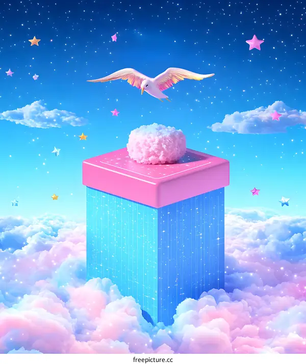 Seagull Flying Above A Gift Box In The Clouds