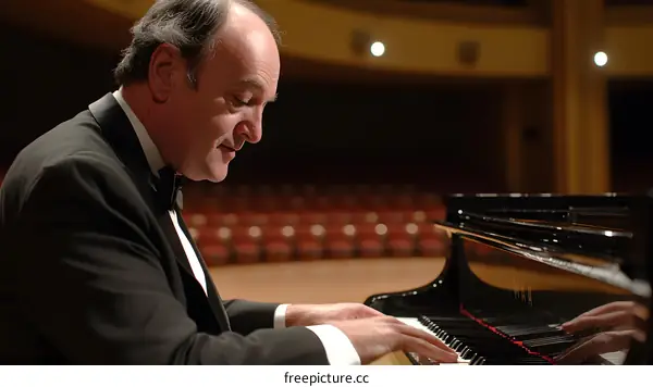 Concert Pianist Playing Grand Piano on Stage