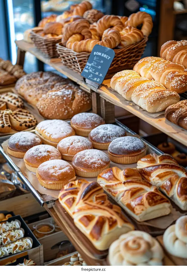 Assortment of Fresh Pastries and Breads on Bakery Shelves