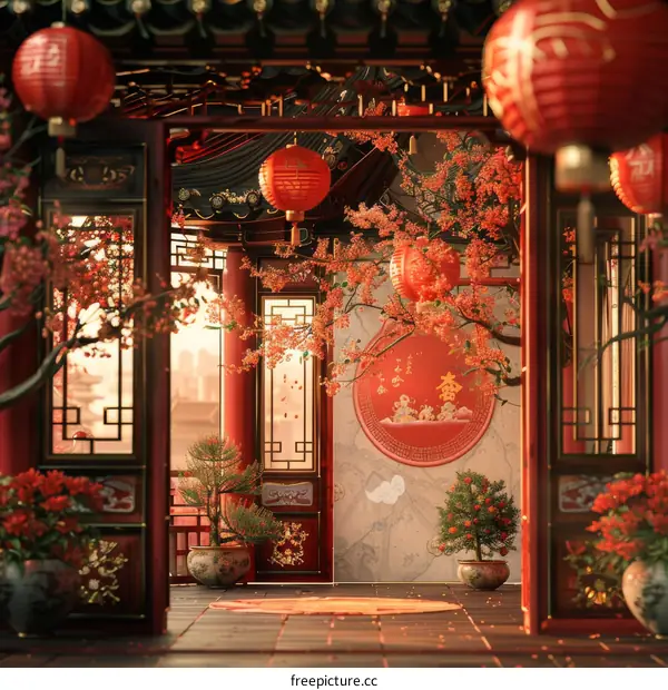 A Chinese Style Courtyard with Red Lanterns and Blossoms